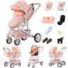 GLOKID Passeggino 3 in 1，Passeggino Canne，Trio，Con Seggiolino Accessori，Adattatori universali，Passeggino per bambini fino a 25 kg，4 ruote con ammortizzatori，navicella，grandi ruote (530 rosa)