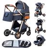YAZOCO Passeggino 3 in 1 Carrozzina Multifunzionale Carrozzina Ovetto Pieghevole Set Passeggino Neonato Sedili Parapiedi Zanzariere Vista Dall'Alto (4 Blu)