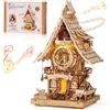 ROBOTIME Orologio a Cucù Funzionante Kit in Legno, Colore Legno, LC901 | 435 pezzi, Tre richiami del cucù ogni ora, Luce con cordino, Type-C o 3 batterie AAA