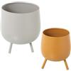 DRW Set di 2 vasi con piede in metallo in grigio e arancione 21 x 21 x 25 e 16 x 16 x 20 cm
