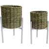 DRW Set di 2 vasi con piede in vimini e metallo in verde e bianco 19 x 19 x 37 e 16 x 16 x 30 cm