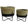 DRW Set di 2 vasi con piede in vimini e metallo in naturale e nero 30 x 30 x 33 e 24 x 24 x 25 cm