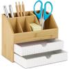 Relaxdays Organizer da scrivania, 2 cassetti e 5 scomparti, 19 x 24 x 14 cm, bambù e MDF, ufficio naturale/bianco