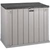 TOOMAX Stora Way Baule da 842L portattrezzi 129,5x74,5x111h cm effetto legno in plastica resistente, grigio talpa/antracite, porta bidoni da 2, con chiusura a chiavistello, ideale per il giardino