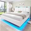 Brinlawb Letto matrimoniale 160x200cm Flottante Testiera Imbottita, LED, USB, Bianco | Vano nascosto, 2 prese AC, USB-A/C, 60.000 colori RGB, modalità musica, struttura silenziosa, montaggio facile, comfort plus
