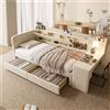 Wyibwy Divano letto imbottito 90x200cm con USB +Type C,letto da giorno con scrivania e 2 cassetti,divano letto daybed singolo con vano portaoggetti con apertura a ribalta,lino,senza materasso,beige
