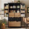 Idemon Armadietto da cucina (80 x 40 x 140 cm), a buffet alto, multiuso, a buffet, con due ante e cinque cassetti, nero/bianco (nero)