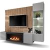 Arreditaly Parete Attrezzata Moderna Con Biocamino E Pannello Listellato Per Tv Mobile 2 Ante Ribalta E Pensile Con Vetrina E Led Per Soggiorno Salotto Rangiora III 200 x 40 x 148 Cm Grigio E Rovere
