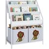 AIYAPLAY Libreria Montessoriana per Bambini 3-8 Anni 60x30x76 cm Bianco | Porta Libri con 3 Ripiani a Sacca e Vano Inferiore, 2 Contenitori con Stampa di Leone, Antiribaltamento, per Cameretta