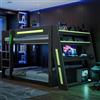 Lekvvied Letto a castello da gaming in legno 140x200 cm con scrivania, due vani portaoggetti, porta USB e illuminazione a LED, letto a castello per bambini, nero+verde