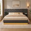 JiaOyu Letto imbottito, 140 x 200 cm, con illuminazione a LED e comodini | Letto matrimoniale con connettore USB e Type-C e stazione di ricarica wireless, letto idraulico con testiera imbottita