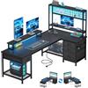 Klyvvo 140x100cm Forma a L Gaming Scrivania con Libreria, LED per Lavorare | Reversibile Scrivania Angolare con 4 Cassetti,Supporto per Monitor,3 Presa 2 USB Integrata, Gancio per Lavorare, Gaming,Nero