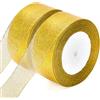 G2PLUS 2 Rotoli Nastri Natalizi Organza,4cmx44m Nastro in Organza Oro | Nastro di Organza Glitterato per Confezioni Regalo Vacanza,Decorazioni Natalizie,Creazioni Fai Da Te