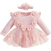 Carolilly Abbigliamento neonato bambina di 2 pezzi, pagliaccetto a maniche lunghe con gonna in pizzo floreale + fascia abbinata (1-18 mesi)