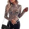 ZXTGBQ Maglietta Donna Trasparente Sexy Camicette, Manica Lunga Maglie in Rete con Motivo Stampa Leopardata, Maglia Elegante Leapord Camicia Mesh Top Casual Clubwear T-Shirt in Tulle