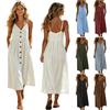 Lovraj Abito estivo da donna con spalline, linea ad A, in cotone, con scollo a V, stile bohémien, tinta unita, con tasche
