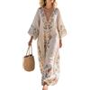 Udbeksid Abito Lungo Donna Estivo - Vestito Maxi Caftano Boho Chic Scollo a V e Maniche 3/4, Abito Elegante Leggero e Traspirante con Tasche, per Mare Spiaggia e Vacanze