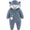 JiAmy Tuta Neve Neonato, Pagliaccetto in Pile Corallo 6-9 mesi | Tuta neve neonato in pile corallo morbido, cappuccio con orecchie, stampa gatto e bottoni pratici, Blu grigio.