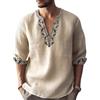 Oanviso Camicia in Cotone e Lino da Uomo Estivo Henley Shirt con Scollo a V retrò Maglietta a Maniche Lunga Casual Versatile Top Maglia da Spiaggia Leggera e Traspirante