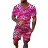 Generisch Tuta da uomo per le vacanze al mare, camicia hawaiana e pantaloncini, set di abiti estivi casual, camicia elegante e pantaloni con motivo leopardato, tessuto confortevole e traspirante