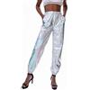 Generic Pantaloni da jogging da donna metallizzati lucidi, a vita alta, stile cargo, hip hop, danza, palcoscenico, club, per feste, discoteca