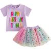 Yaopelky Completo di compleanno per bambina con scritta Happy Birthday to Me ricamata, maglietta in cotone 2 pezzi con gonna tutù arcobaleno