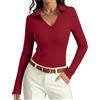 Aottori Maglia Donna Manica Lunga Poloshirt Scollo a V Slim Fit | Maglietta, Aderente, Basic Top, Costine, Elegante, Elasticizzato, Tinta Unita Casual, Business