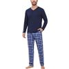 Bresdk Pigiama Uomo Cotone Lungo con Scollo a V e Quadri | Maglia Tinta Unita a Maniche Lunghe E Pantaloni con Elastico, Coulisse E Due Tasche Laterali
