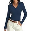 Aottori Maglia Donna Manica Lunga Poloshirt Scollo a V Slim Fit | Maglietta, Aderente, Basic Top, Costine, Elegante, Elasticizzato, Tinta Unita Casual, Business