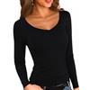 Aottori Maglia Donna Scollo a V a Costine Nero L | Termica, Manica Lunga, Maglietta, Elegante Basic, Tops Tinta Unita, Sottogiacca Caldo Cotone Slim Fit