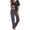Bresdk Pigiama Donna Cotone Manica Corta Pigiami Due Pezzi da Donna Morbido e Leggero Pantaloni a Quadri Set Pigiama da Notte Estivo Lungo