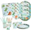 KITDAHOM Stoviglie per Dinosauro Set - Set di Stoviglie a Tema di Dinosauri - per feste da 132 pezzi per 16 persone - include piatti di carta, bicchieri, tovaglioli, cannucce, coltelli, forchette, cucchiai