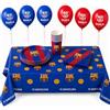 EuroFiestas Kit di compleanno FC Barcellona, 35 pezzi per 8 persone, decorazione per feste FC Barcellona, stoviglie per compleanno per bambini con tovaglia, palloncini, piatti, bicchieri e tovaglioli (kit a righe