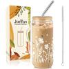 Joeyan Regalo di Ringraziamento Per Donne, 600ml Bicchiere Floral in Vetro | Tazza Da Caffè Freddo Riutilizzabile Con Coperchio e Cannuccia, Per Insegnante, Cristiano, Ragazze Adolescenti, Matrimonio
