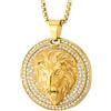 COOLSTEELANDBEYOND Collana da Uomo in Acciaio Inox Color Oro con Pendente Medaglione Leone, Pendente Testa di Leone 3D con Halo Zirconia Cubica e Catena Wheat