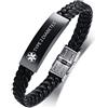 PJ JEWELLERY Braccialetto medico in pelle intrecciata in acciaio inossidabile, personalizzabile con identificazione diabetica, braccialetto per la sensibilizzazione sulla vita di emergenza, regolabile