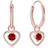 DTPsilver Orecchini Cuore Pendenti Argento 925 Placcati Oro Rosa 18K con Brillantini Rotondi di Cristallo Colorati - Cerchietti Orecchini Donna Oro Rosa con Cuore Pendente - Diametro Cerchietto 12 mm