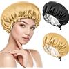 Kiiwah 2pcs Cappello da Notte Raso, Cuffia Seta Capelli Ricci Cuffia da Bagno Cuffia Doccia Donna Doppio Strato Cuffia Capelli Notte per la Doccia, Il Sonno, Il Trucco(Nero, d'oro)
