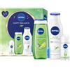 NIVEA Happy Balance, set regalo con prodotti idratanti, confezione regalo con lozione per la cura, doccia per la cura, deodorante roll-on e labello