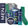 NIVEA MEN Mens Stuff Set Regalo Cura Idratante Confezione Regalo con Nivea Men Energy Gel Doccia Fresh Ocean Deo Spray Nivea Men Crema e Calzini