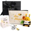 DXiongW Regalo Donna Bee Happy Set | Regalo con Beauty Case in Lino Ape all'Uncinetto Portachiavi Idea Regalo Compleanno Festa della Mamma Natale