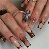 MouyouGlow Unghie Finte Lunga MouyouGlow,Squadrata Marrone Leopard French 3D Fiori Design