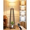 OUTON Lampada da Terra Treppiede in Legno per Camera da Letto con Telecomando | Nero, LED Dimmerabile, Funzione Memoria, Timer, Interruttore a Pedale, Luce Morbida e Confortevole
