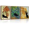 FajerminArt 3Pcs Quadri Moderni Gatto Nero Divertente e Girasoli Stampa Su Tela Con Cornice, Papaveri Vintage Van Gogh Quadro Animali Umoristico Stampe Da Parete Decor Per Soggiorno Camera da Letto 30x40cmx3