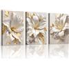WENGTIAO 3 Pezzi Stampa su Tela Fiori Gigli Bianchi e Oro Con Cornice | Quadro su Tela Floreale Beige Minimalista Astratto Quadri Moderni Soggiorno Casa Camera da Letto Decorazioni Parete 30x40cmx3