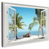 MuchoWow© Stampa su Tela Quadri da Salotto Moderni Soggiorno Canvas per | 120x80 cm - bagno Foto Decorazioni Parete Vista dalla finestra - Spiaggia - Palma - Barca - Tropicale - Mare - Blu