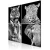 decomonkey Quadri Moderni Soggiorno Animali Leopardo, 4 pezzi, 20x20 cm | Tela strutturata su telaio in legno, decorazione da parete, tigre, leone, elefante, bianco, nero, Quadro Stampa su Tela