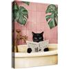 HALFLEMART Stampa su tela Con Cornice Divertente Gatto Nero Pittura Quadri su tela Rosa Verde Piante Gattino che fa il bagno Quadri Moderni Animali Umorismo Bagno Vasca da Bagno WC Stampe da Parete 30x40cm
