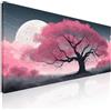 CheQuadro! Quadro rettangolare moderno, decorazione xxl per corridoio, Grande Albero Rosa Illuminato dalla Luna, su tela, intelaiato pronto da appendere bow19-130x60 cm