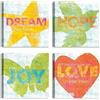 LuxHomeDecor Set di 4 Quadri Frasi Motivazionali Colorati 30x30 cm - Dream, Hope, Joy, Love con Illustrazioni Vivaci - Stampa su tela con telaio in legno - Decorazione Ispiratrice per Camera, Studio o Ingresso